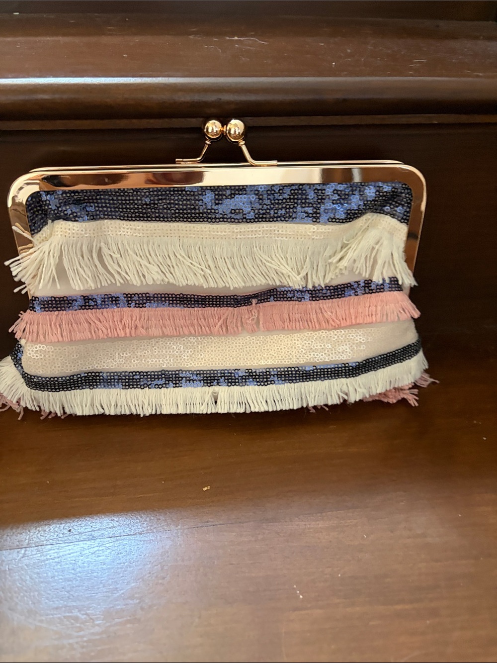 Sequined Fringe Clutch Bag in Blue, Cream & Pink